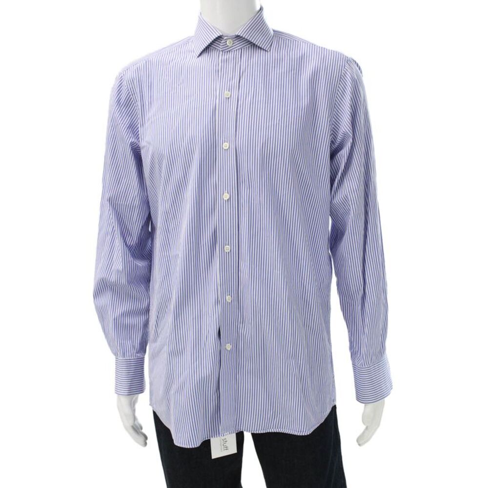 Ledbury Mens Striped Button Down Dress Shirt White Blue Size 15.5 39